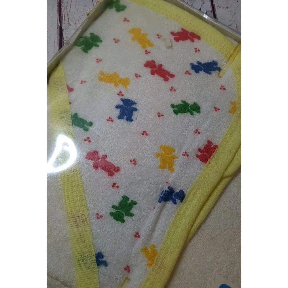 Triplets Knit Terry Baby Hooded Bath Blanket Yellow/ Teddy Bear Vintage‎ New